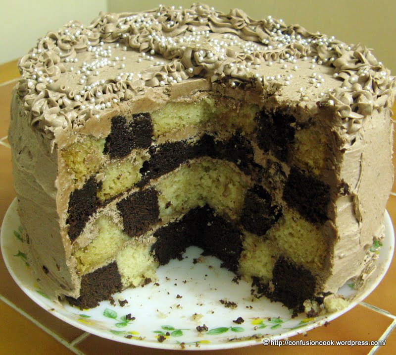 Eggless Checkerboard Cake with Chocolate Buttercream Frosting