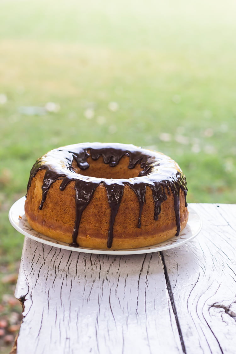 Eggless Vanilla Bundt Cake with Chocolate Glaze