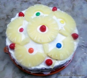 Top view of the freshly baked Eggless Rainbow Pineapple Cake