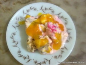 A smooth, velvety and yummy mango pudding in a bowl