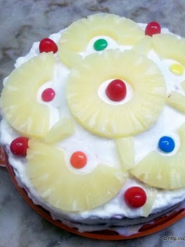 Top view of the freshly baked Eggless Rainbow Pineapple Cake