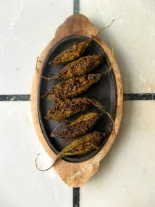 Close-up of bharwa karela served on a plate