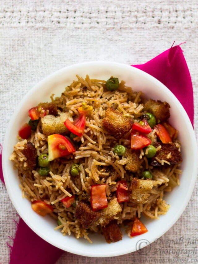 Bowl of Namkeen Seviyan (Vermicelli Upma) made with healthy veggies