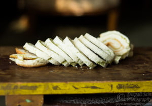 Cross-section view of a pinwheel sandwich showing colorful layers