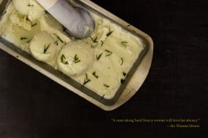 Close-up of basil ice cream being scooped out with an ice cream scooper