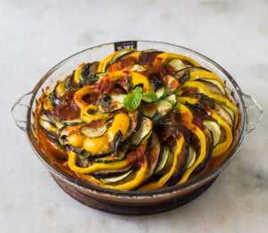 Close-up of Baked Ratatouille showcasing the roasted zucchini, eggplant, and tomatoes