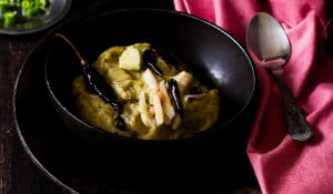 Close-up of raw banana kachri, showing its texture and spices