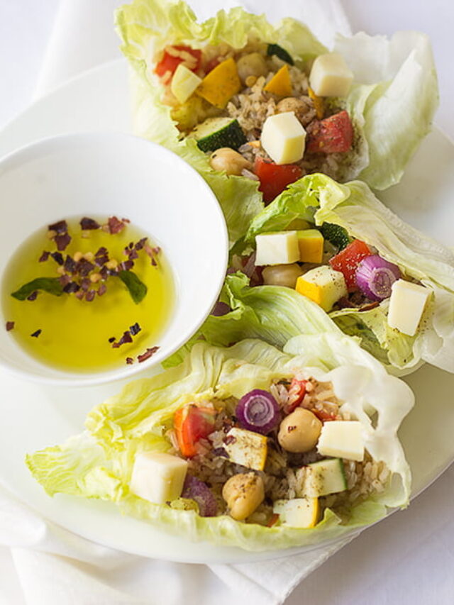 Close-up of colorful lettuce wraps with healthy vegetarian filling