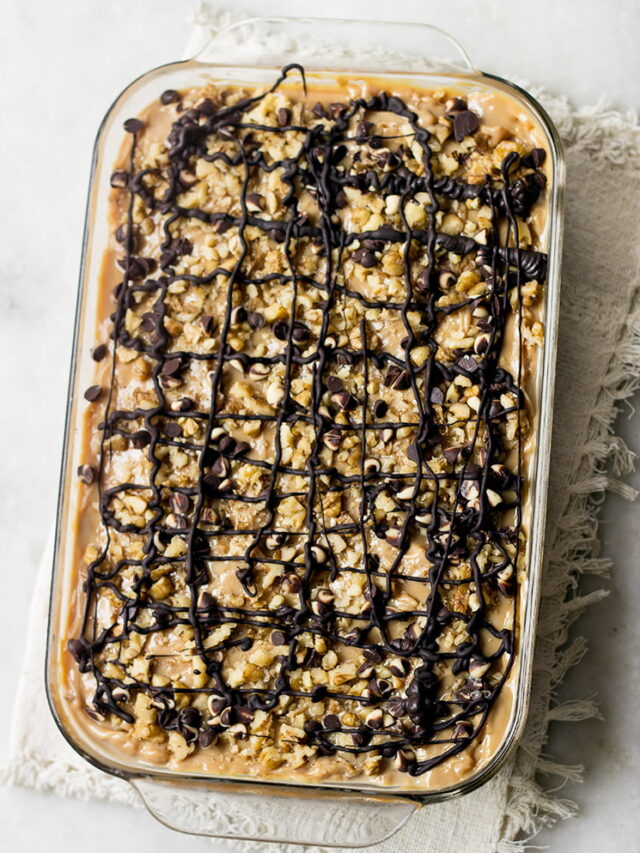 Side view of mocha tres leches cake showing layers