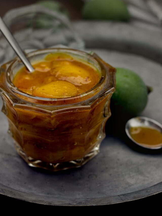 Bowl of homemade Aamras (Raw Mango Chutney), ready to be served