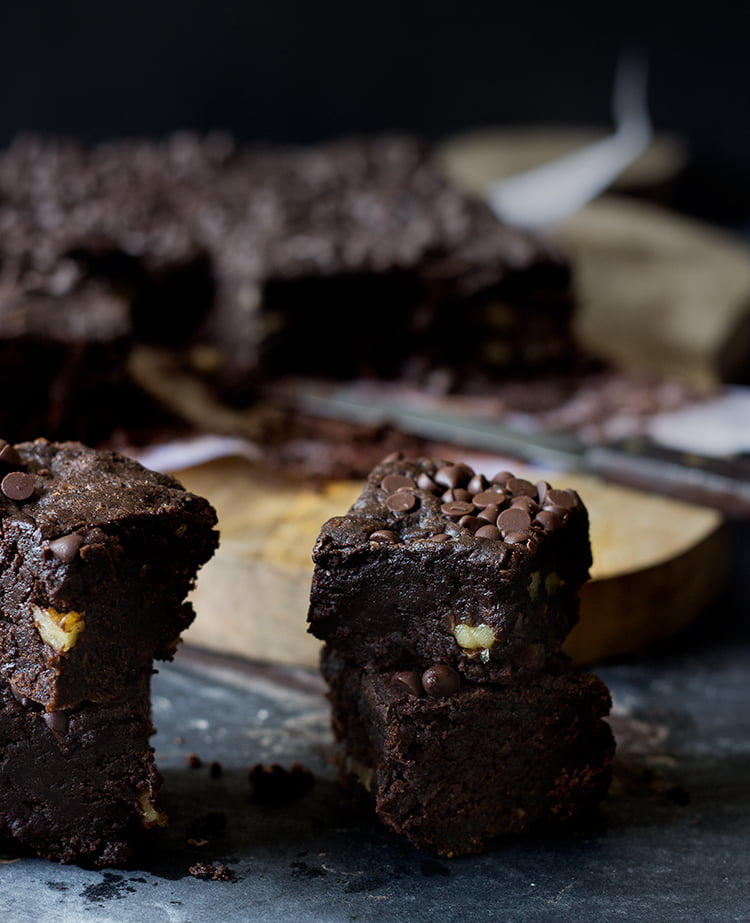 A close-up shot of a cucumber brownie/zucchini brownie slice