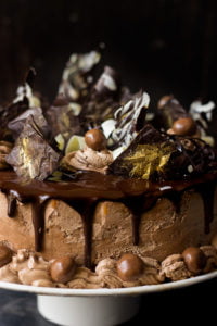 Side view of the cake with a slice removed, displaying the biscuit layers