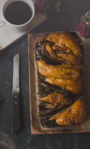 Close-up of a freshly baked Chocolate Babka with swirled layers of chocolate