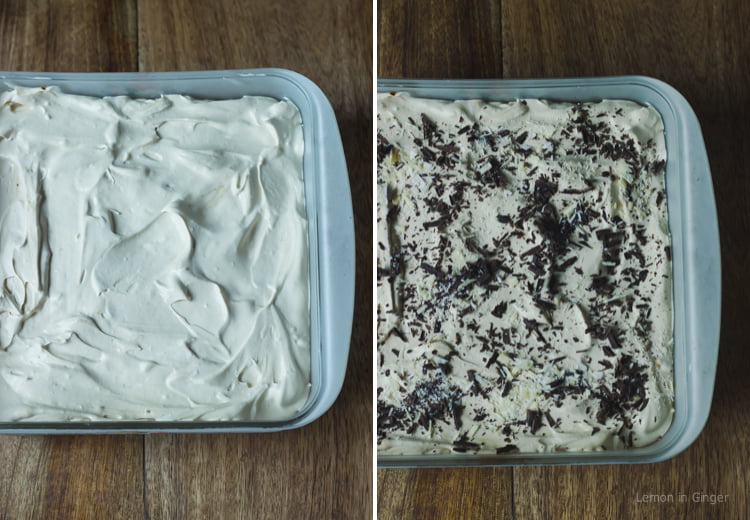 Close-up of Eggless Whiskey Coffee Poke Cake with whiskey glaze drizzled on top