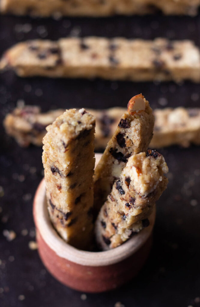 chocolate almond biscotti stacked together