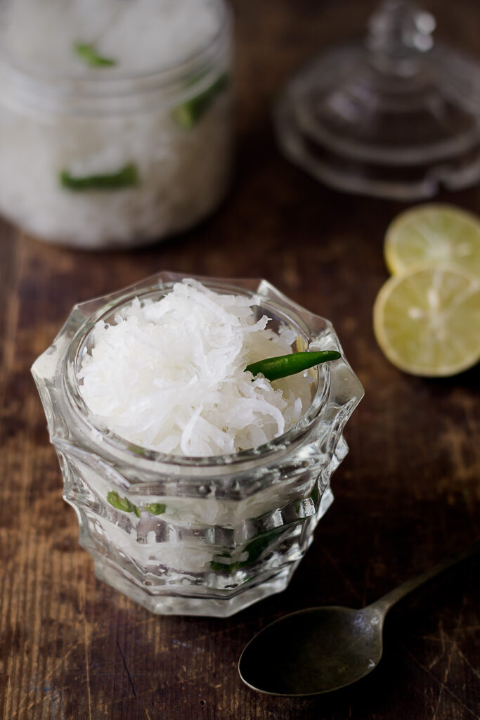 Freshly prepared Mooli Lachha served in a rustic bowl